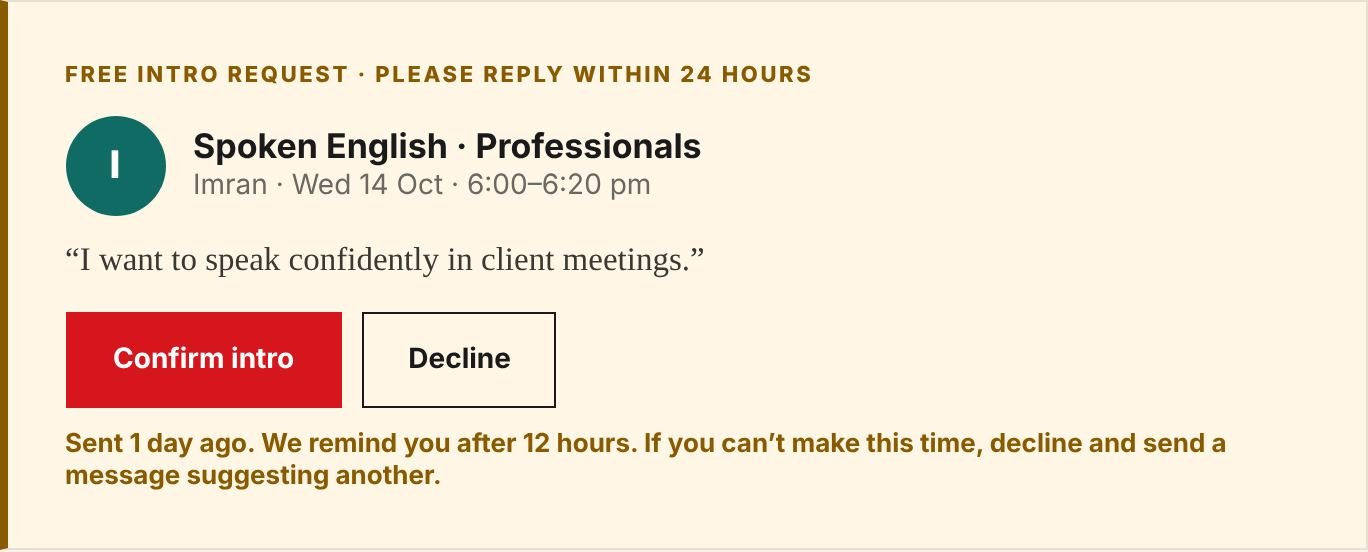 A free intro request card with Confirm and Decline buttons