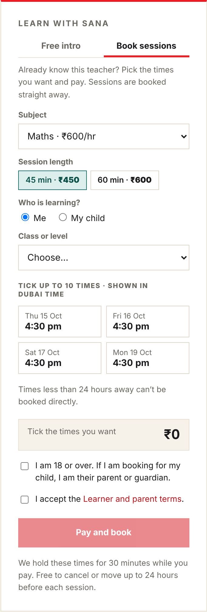 The Book sessions tab