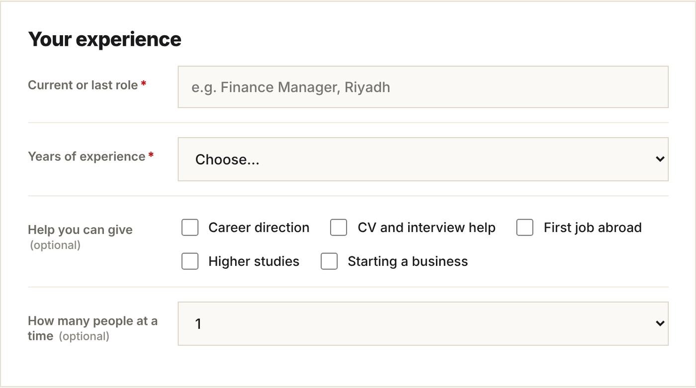 The Your experience part of the mentor sign-up form
