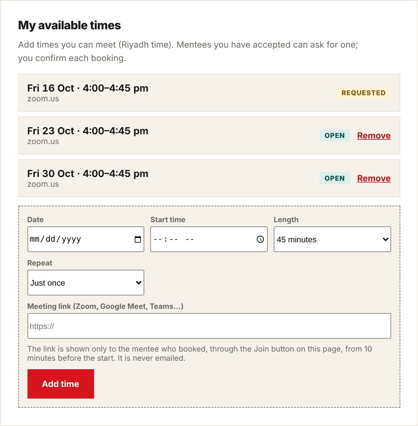 My available times and the Add time form