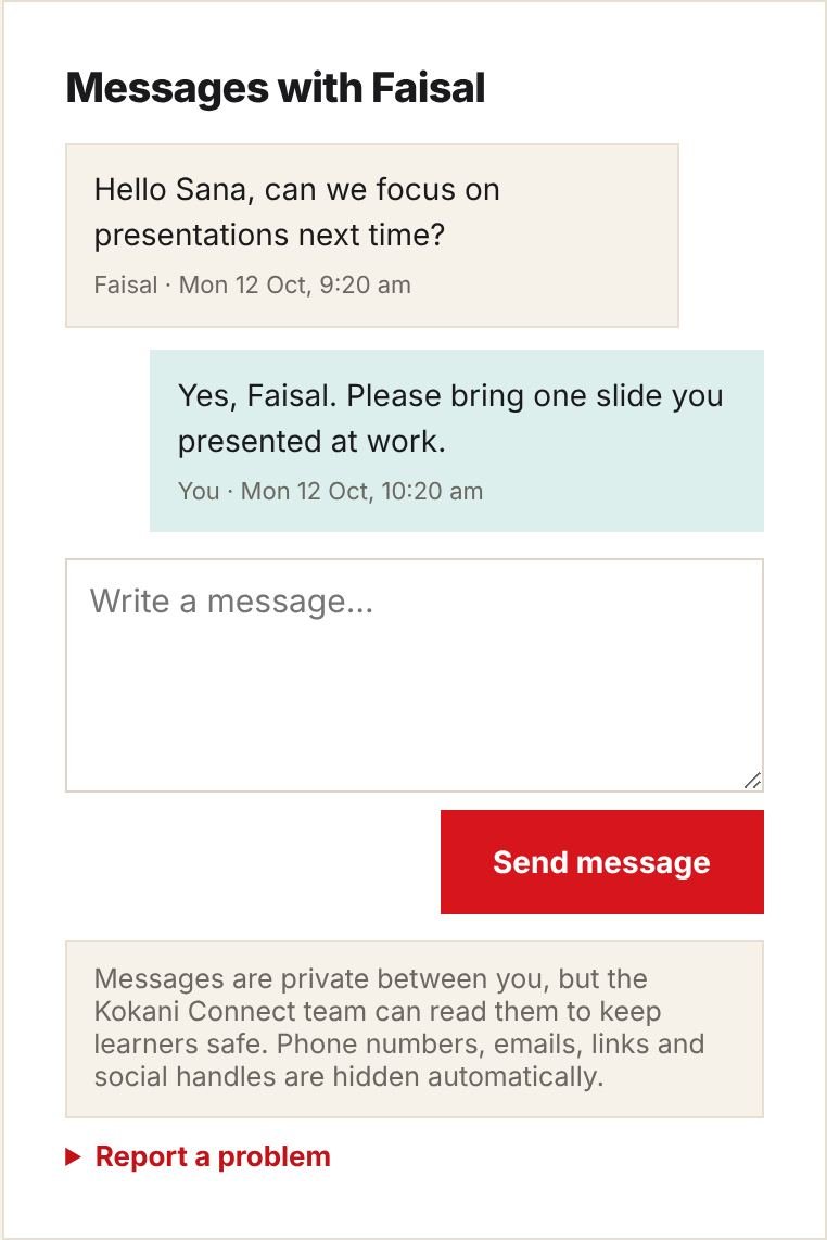 A message thread with a learner