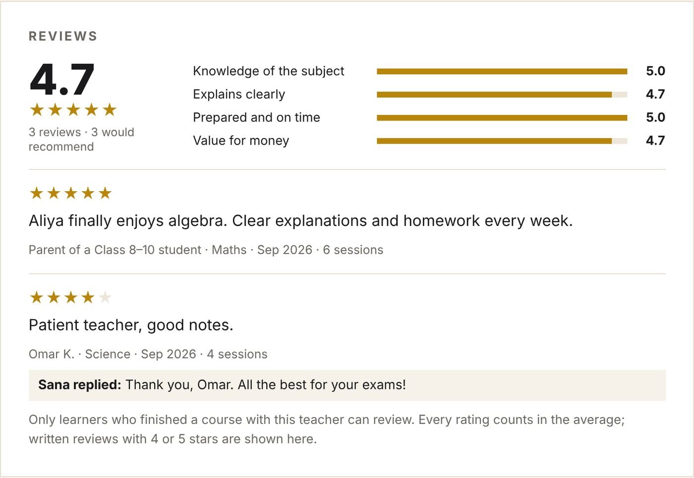 Reviews on a teacher profile