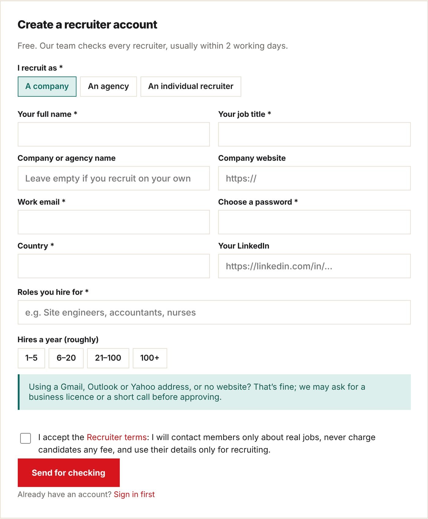 Create a recruiter account form