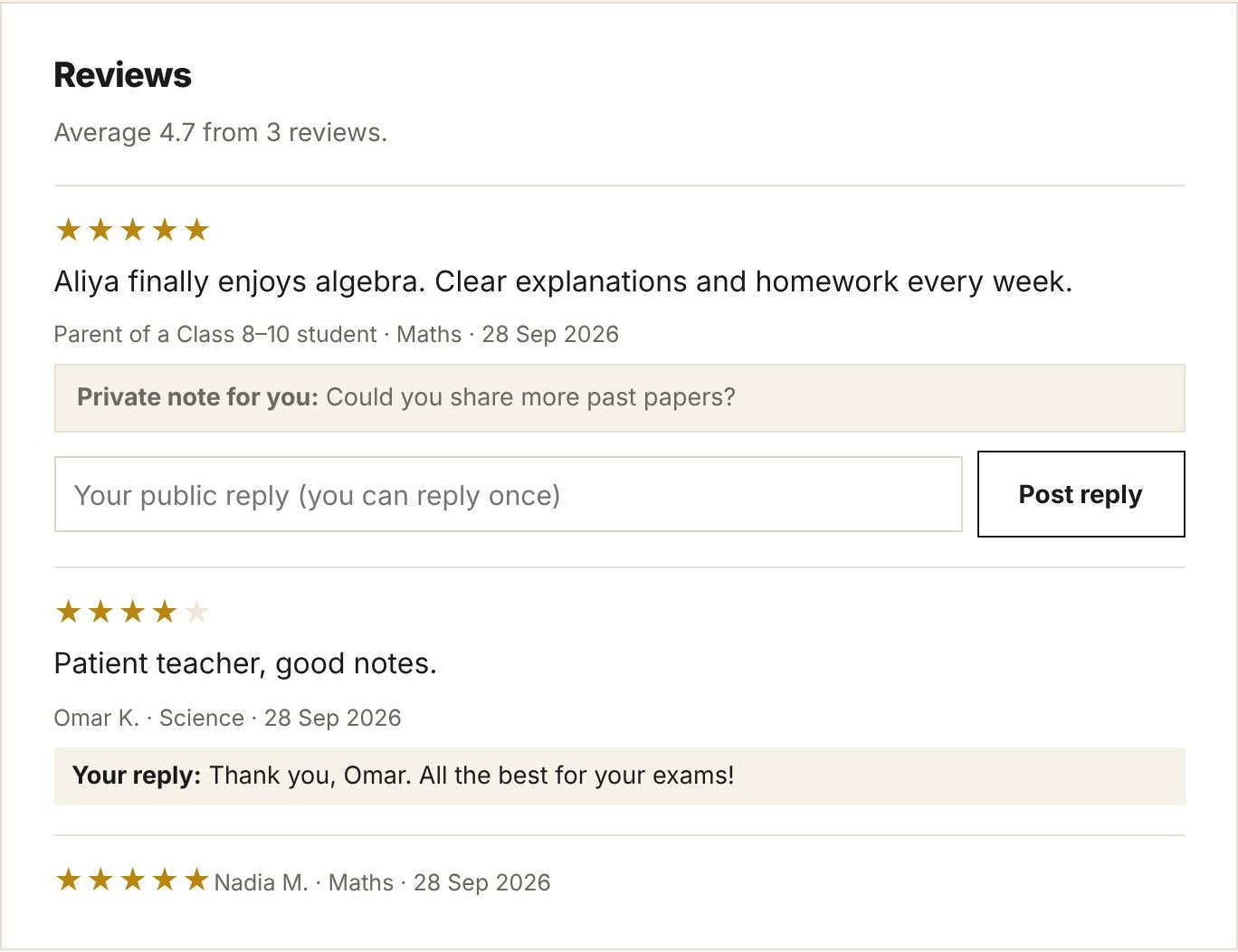 Reviews in My teaching, with a private note and reply box