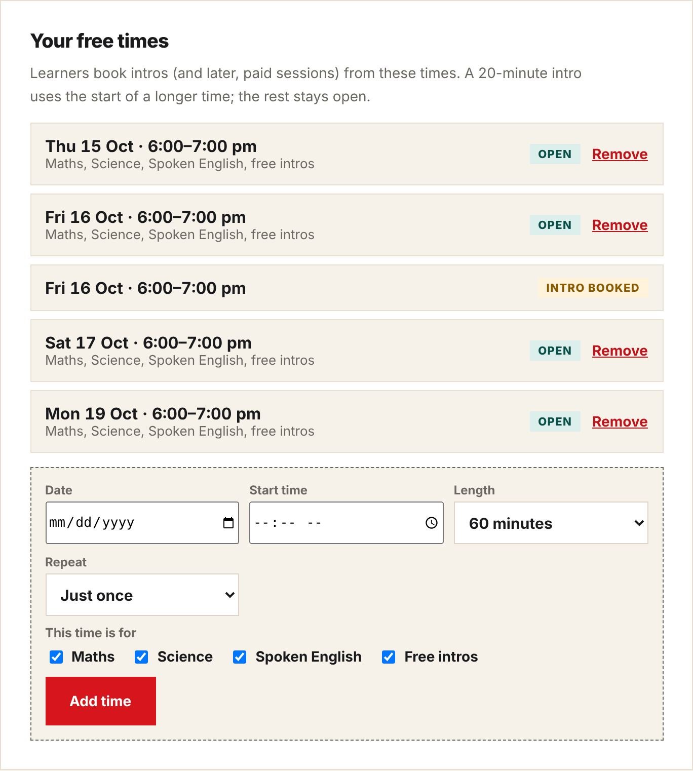Your free times list and the Add time form